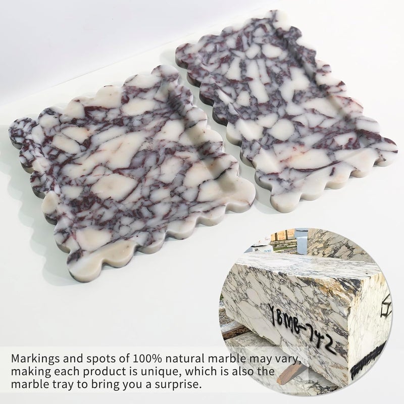 Future stone Natural 100% Marble Vanity Tray Luxury Scalloped Marble Storage Square Rectangle Tray for Home Decor Stone Tray for Bathroom Kitchen Candle Key (Rectangle-11.8 * 7.4-Calacatta Viola) - Image 3